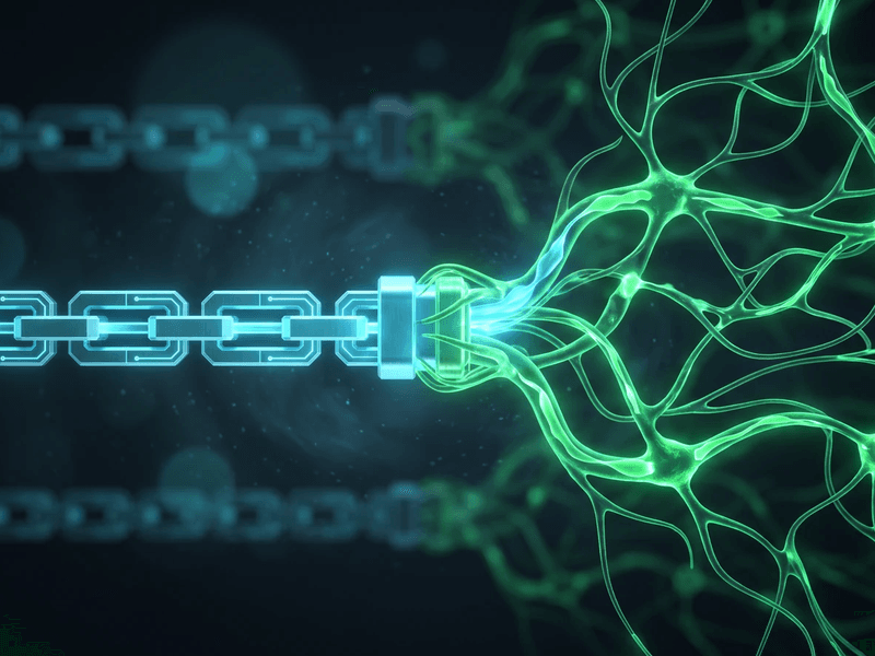 Una cadena rigida de eslabones frente a una red neuronal ramificada, que contrapone la automatizacion lineal con el razonamiento adaptativo