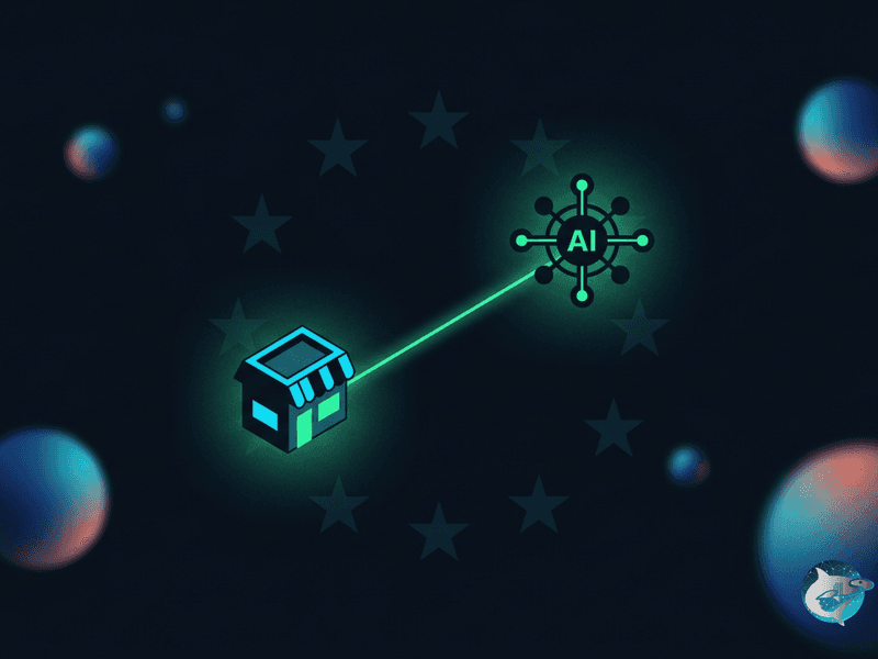 Pequeño comercio conectado a un nodo de IA con estrellas de la UE de fondo: cómo afecta el AI Act a las pymes que usan ChatGPT o un chatbot.