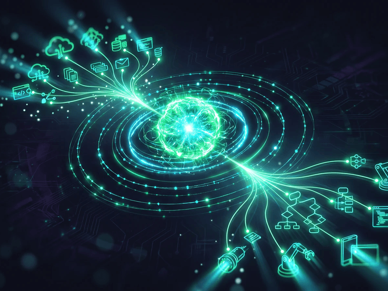Nucleo luminoso central rodeado de anillos de nodos que se extienden hacia herramientas y fuentes de datos, que representa como percibe y actua un agente de IA