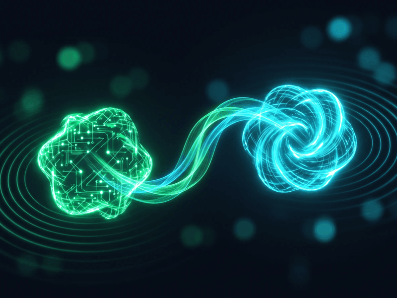 Dos formas luminosas enfrentadas unidas por un flujo de luz, que representa el intercambio de turnos de una conversacion con IA